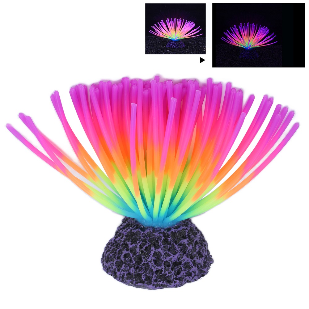 Aquarium Fish Rainbow - カラフルな水槽用シリコンサンゴ、蛍光機能付き魚タンク装飾、虹色ウニ模造サンゴ植物